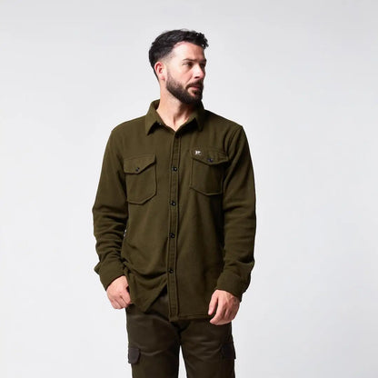 Jack Pyke Polar fleece shirt in olive green with long sleeves and chest pockets