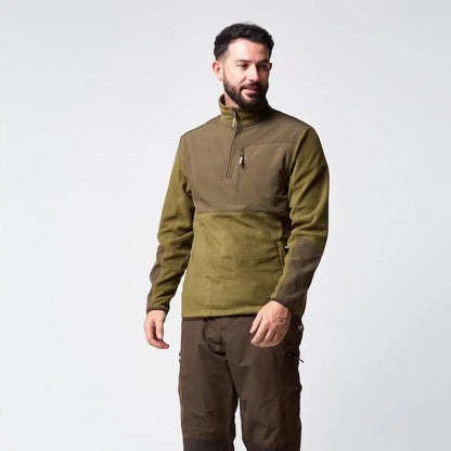 Jack Pyke Rannock fleece pullover in olive green and dark brown two-tone with chest pocket