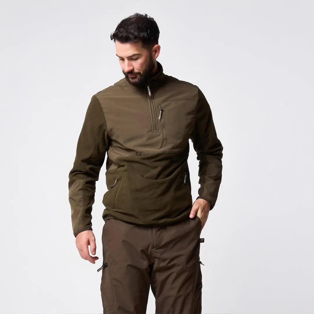 Jack Pyke Rannock fleece pullover in olive green with half-zip