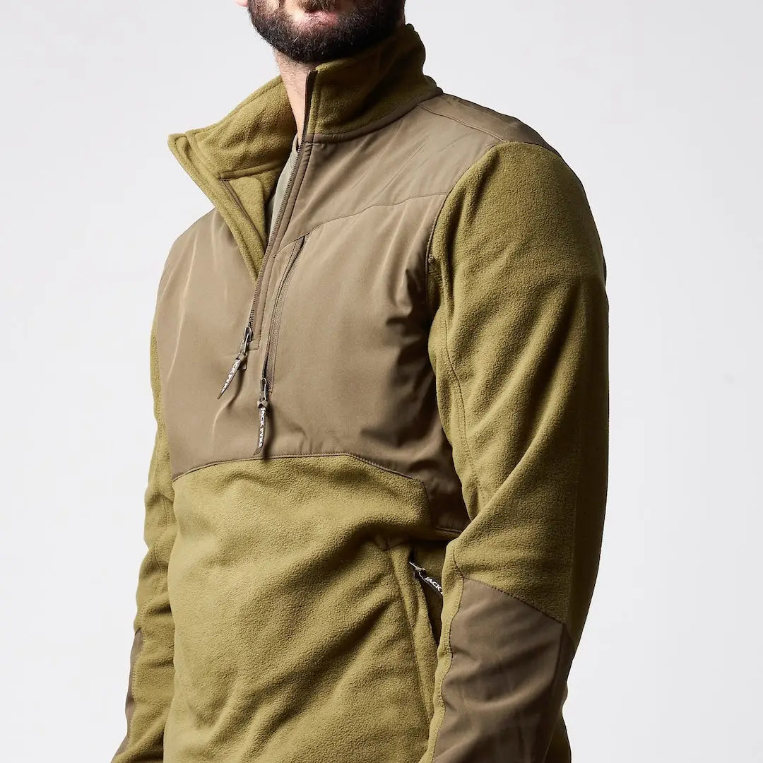 Jack Pyke Rannock fleece pullover in olive green and tan with quilted panels
