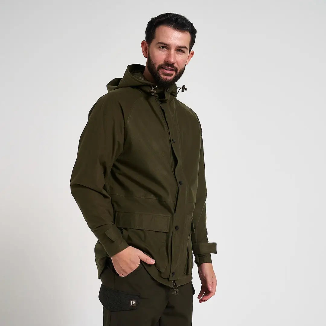 Jack Pykes lightweight olive green waterproof hunting jacket with hood