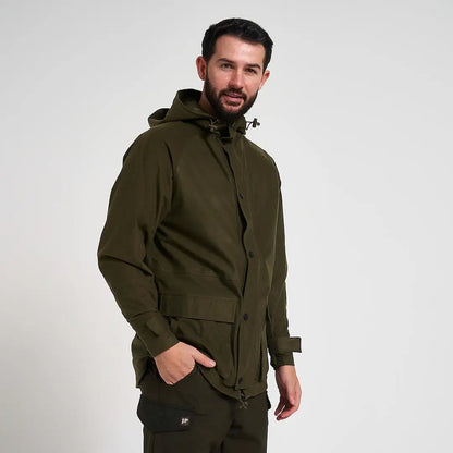 Jack Pykes lightweight olive green waterproof hunting jacket with hood