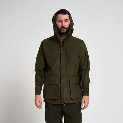 Olive green Jack Pykes Rannock waterproof hunting jacket with hood, buttons and pockets
