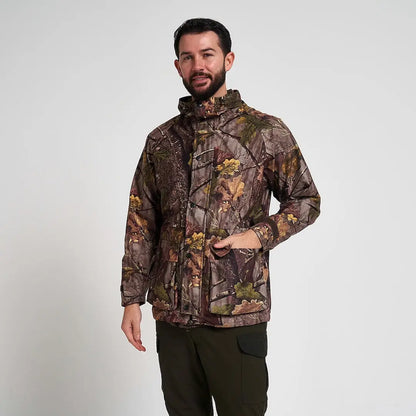 Jack Pyke Rannock waterproof hunting jacket in woodland camo pattern