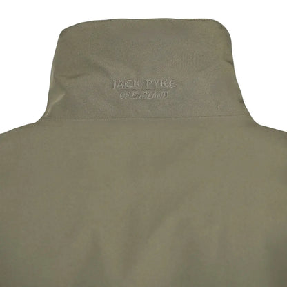 Olive green Jack Pyke reversible waterproof jacket collar with embroidered branding
