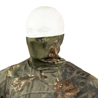 Camouflage face mask and neck gaiter on Jack Pyke Roll Neck for head and neck coverage