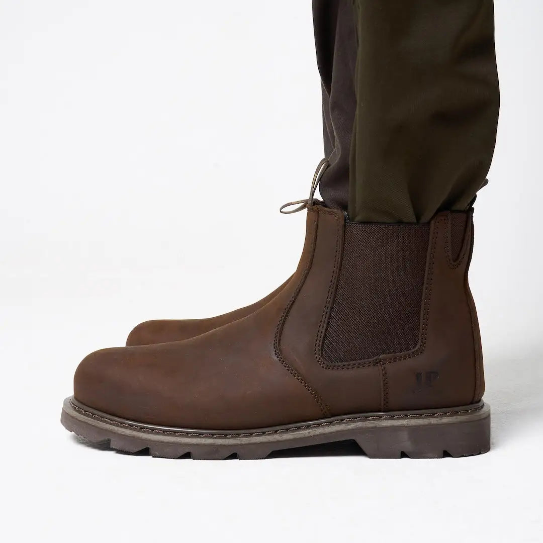 Jack Pyke safety dealer boots: brown leather Chelsea style with elastic panels and rugged rubber sole
