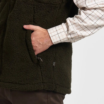 Olive green Jack Pyke Sherpa Fleece Gilet with plush texture and zipper pocket