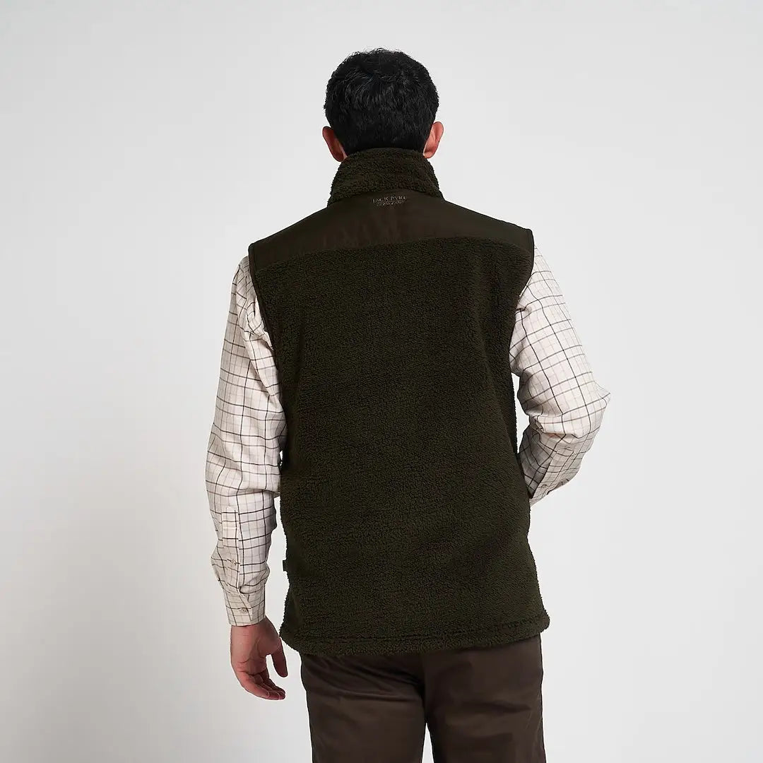 Olive green Jack Pyke Sherpa Fleece Gilet with plush texture and high collar