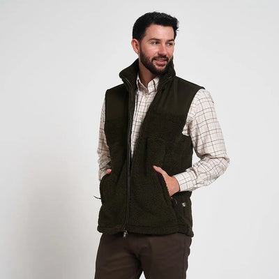Olive green Jack Pyke sherpa fleece gilet with high collar and zipper
