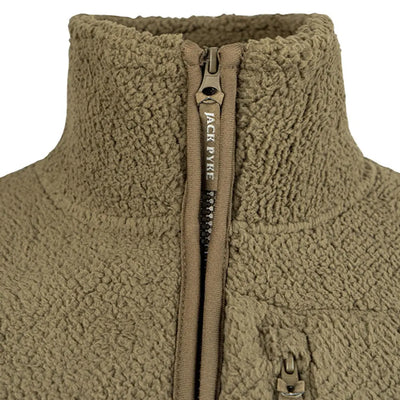 Tan fleece jacket with high collar and zipper, perfect for country clothing and hunting
