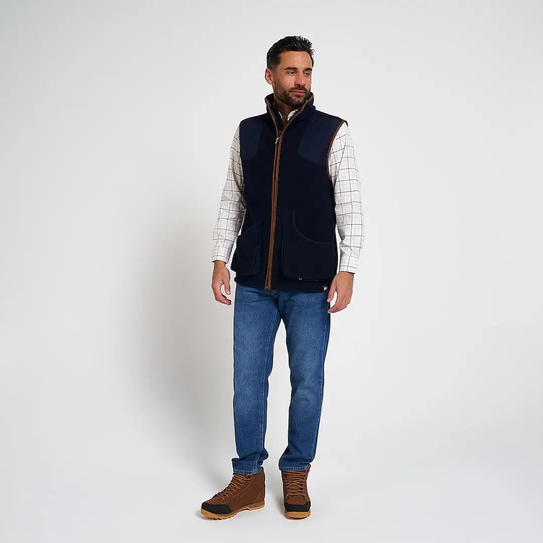 Navy blue Jack Pyke Shooters Gilet with brown leather trim and zippers