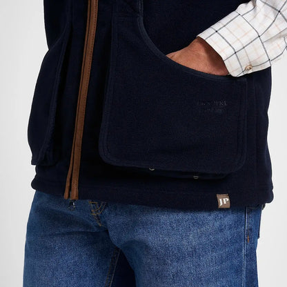 Navy blue Jack Pyke Shooters Gilet with brown leather trim