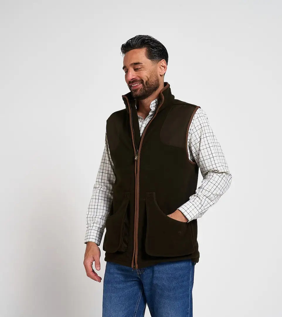 Dark olive Jack Pyke shooters gilet with brown trim and pockets