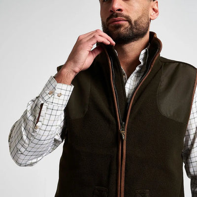 Jack Pyke shooters gilet in brown fleece with tan leather trim and zipper