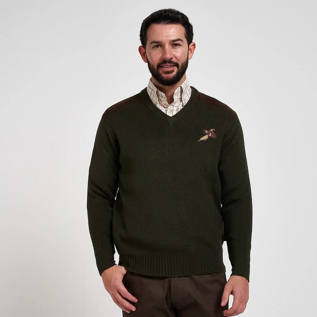 Dark olive green Jack Pyke Shooters Pullover with ribbed knit and embroidered bird