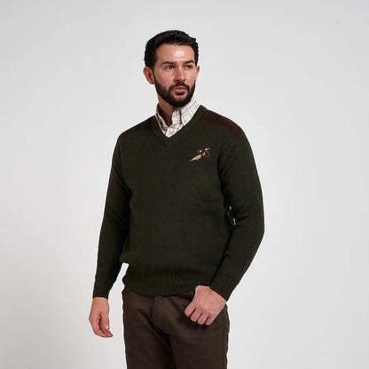 Dark olive green Jack Pyke Shooters Pullover with ribbed knit and bird motif