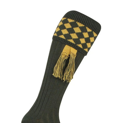 Olive green and gold Jack Pyke shooting socks with diamond pattern and tassels