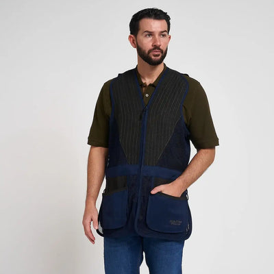 Jack Pyke Sporting Skeet Vest in navy blue black pinstripes with mesh panels pockets
