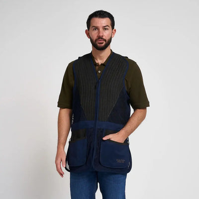 Jack Pyke Sporting Skeet Vest in navy blue black pinstripes with mesh panels pockets
