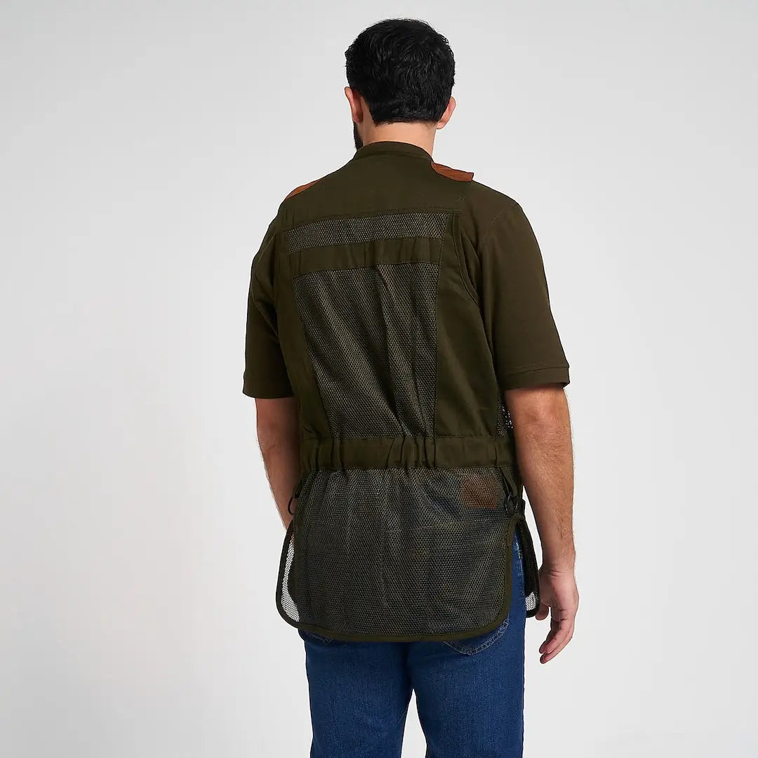 Jack Pyke Sporting Skeet Vest in olive green mesh with brown leather shoulder accents