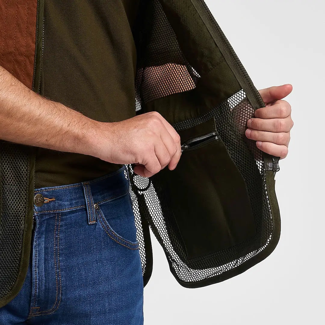 Jack Pyke Sporting Skeet Vest in olive green mesh with zip pocket
