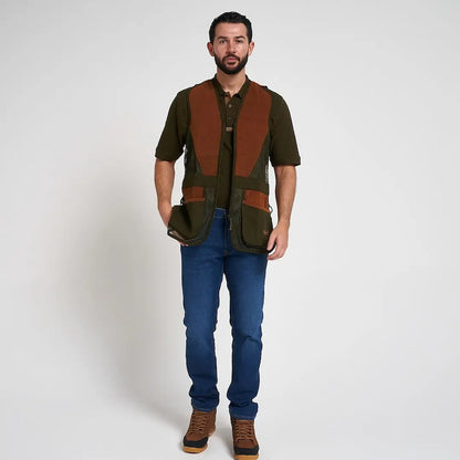 Jack Pyke Sporting Skeet Vest in olive and brown with mesh panels and pockets