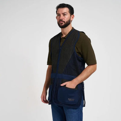 Jack Pyke Sporting Skeet Vest in navy blue pinstripe with mesh panels