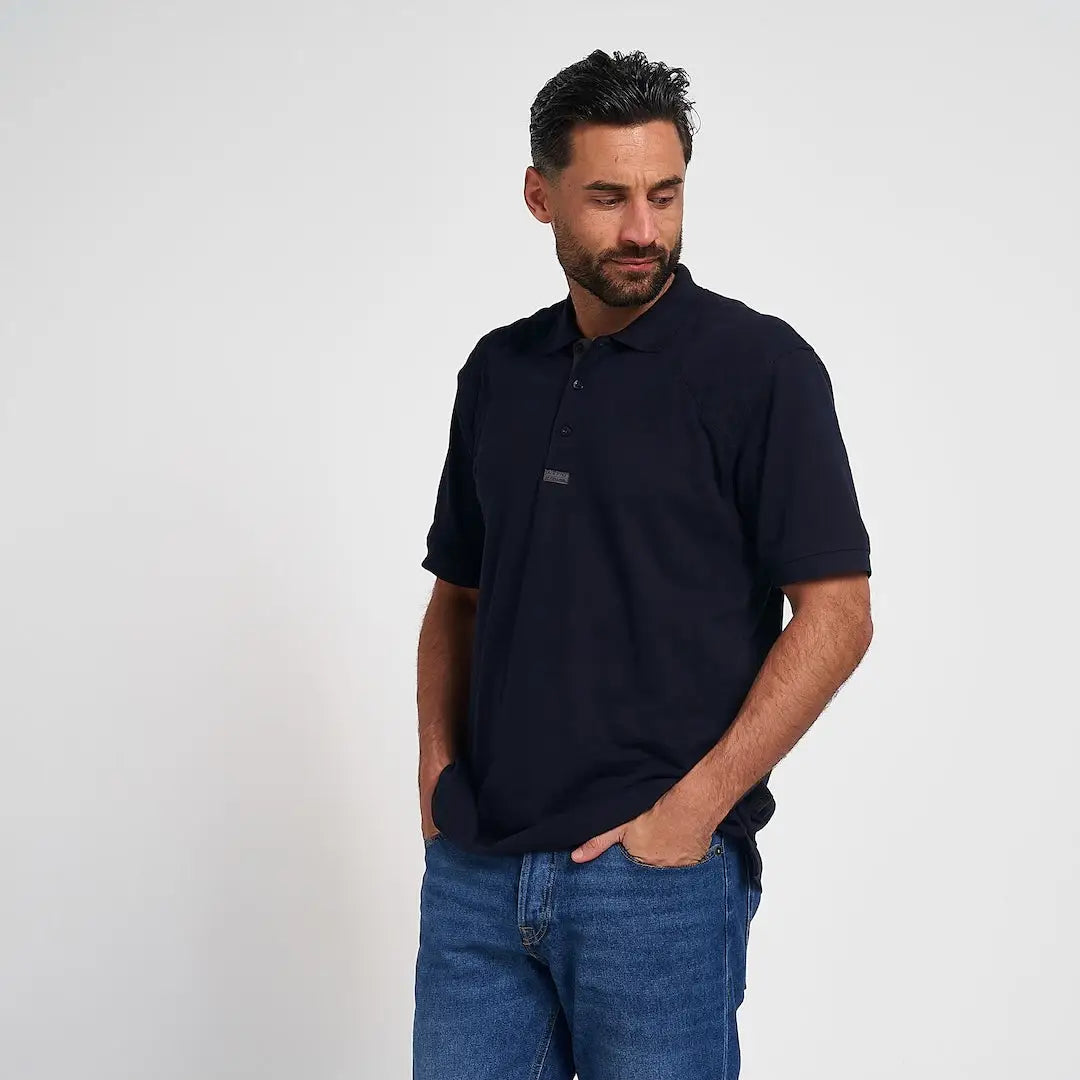 Navy blue Jack Pyke sports polo shirt with short sleeves and subtle chest logo