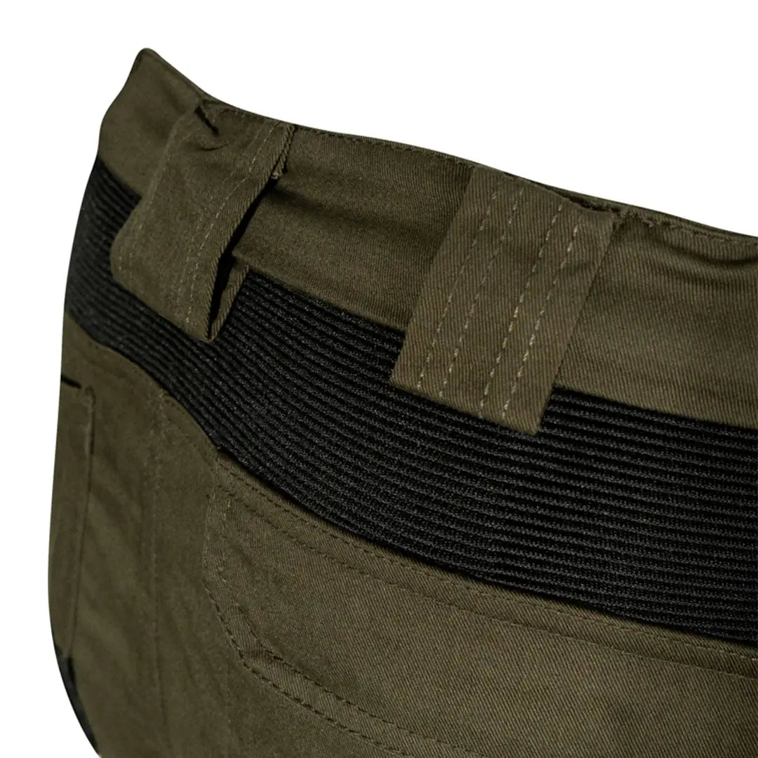 Olive green Jack Pyke Technical Work Trouser waistband with wide black elastic band