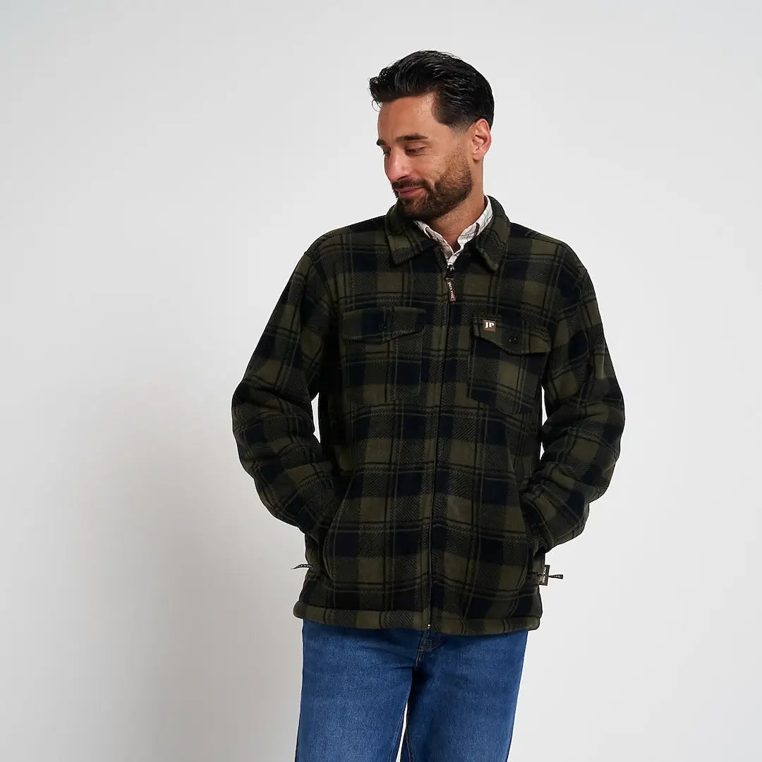 Jack Pyke Tundra Shirt: dark green black plaid fleece jacket