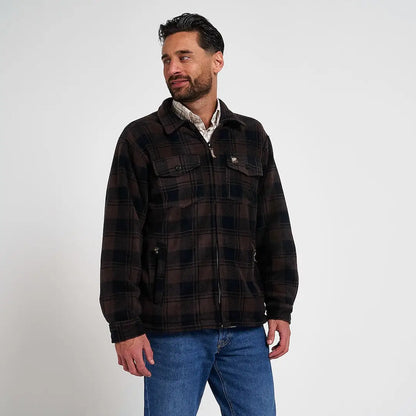 Jack Pyke Tundra Shirt: dark brown black plaid fleece jacket with zip front and pockets