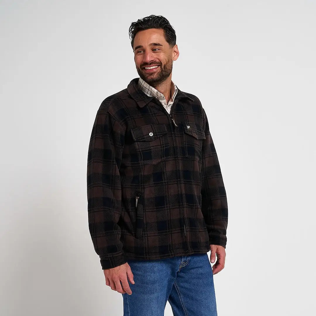 Jack Pyke Tundra dark brown black plaid fleece shirt with pockets