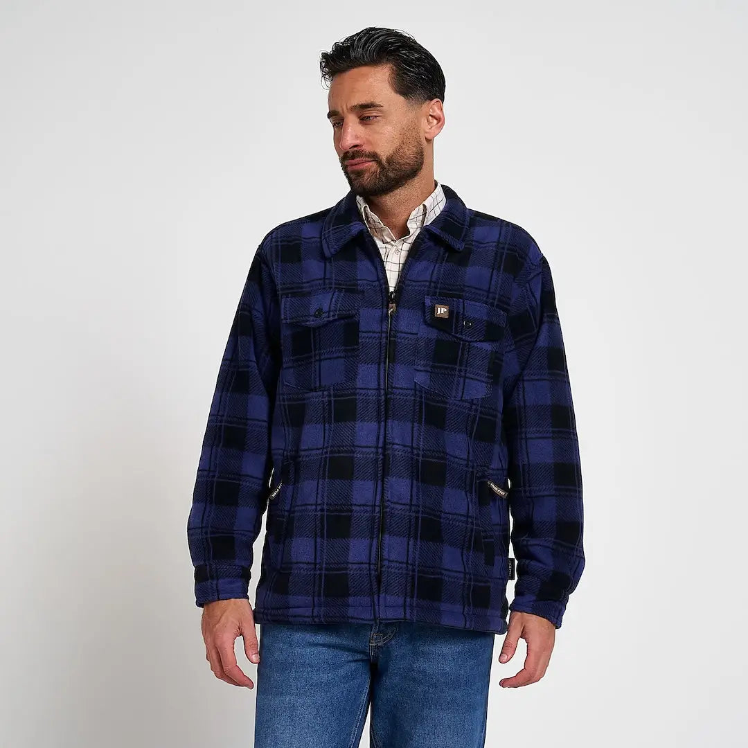 Jack Pyke Tundra navy blue black plaid fleece shirt with zipper and pockets