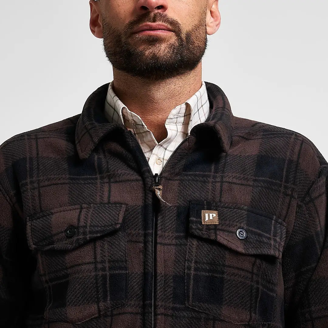 Jack Pyke Tundra Shirt: dark brown black plaid flannel jacket