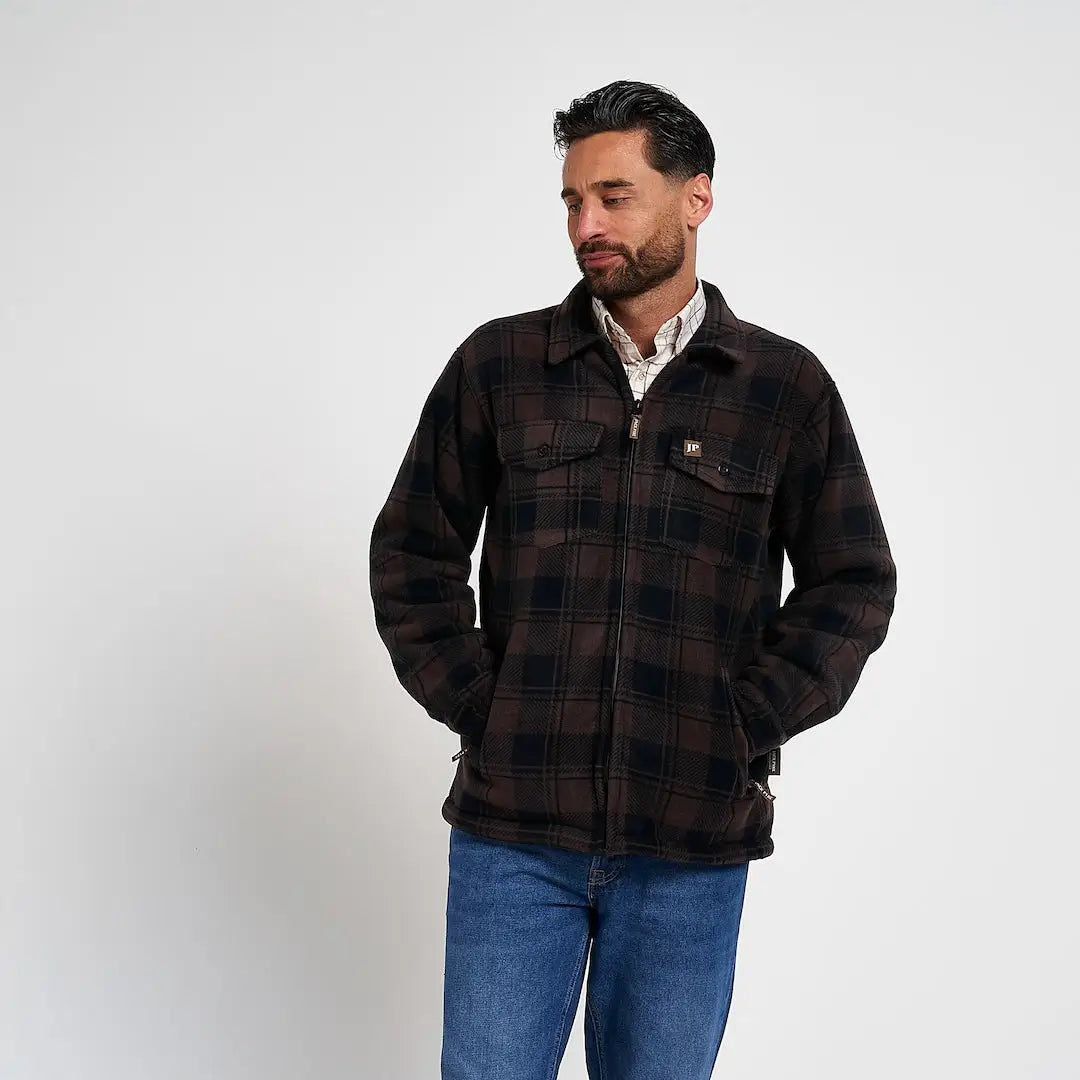 Jack Pyke Tundra Shirt: dark brown black plaid fleece jacket with pockets