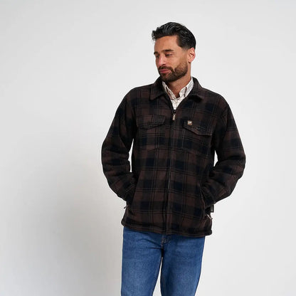 Jack Pyke Tundra Shirt: dark brown black plaid fleece jacket with pockets