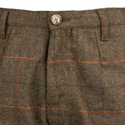 Jack Pyke Tweed Breeks: brown orange green plaid pants with pleats and button closure