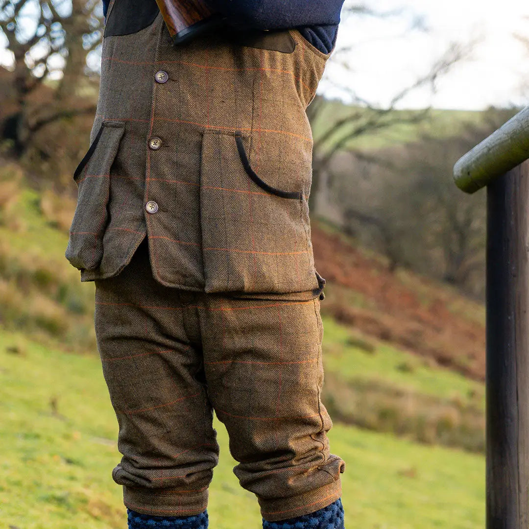 Jack Pyke brown tweed shooting vest with orange check and black trim