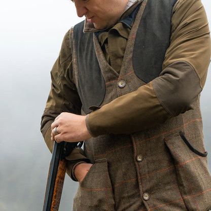 Jack Pyke brown herringbone shooting vest with leather patches