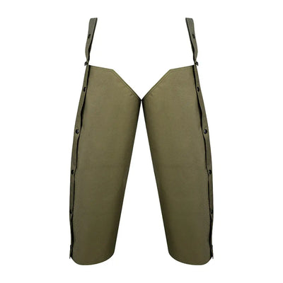 Pair of Jack Pyke Waterproof Chaps in olive green with adjustable straps for leg protection