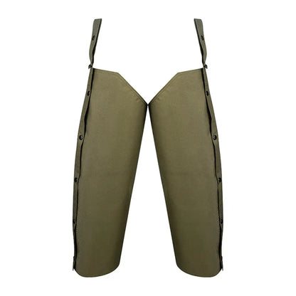 Pair of Jack Pyke Waterproof Chaps in olive green with adjustable straps for leg protection