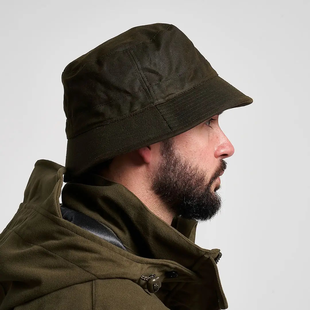 Olive green Jack Pyke wax bucket hat in waxed cotton