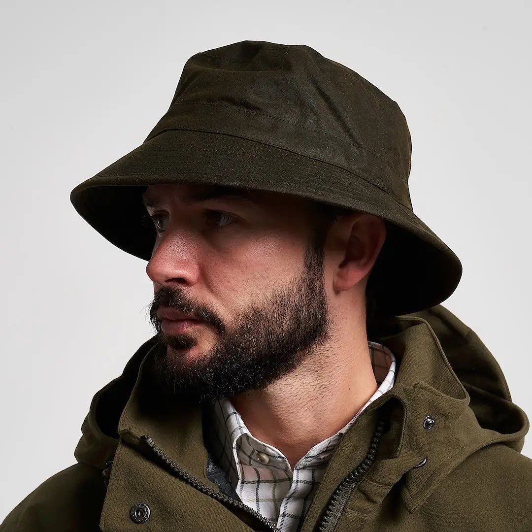 Jack Pyke wax bucket hat in olive green waxed cotton
