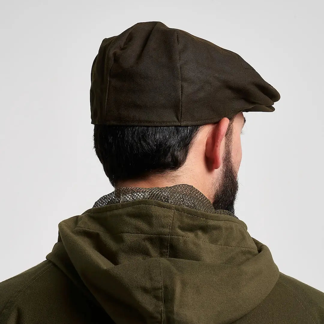 Jack Pyke wax flat cap in dark olive with wrinkled fabric finish