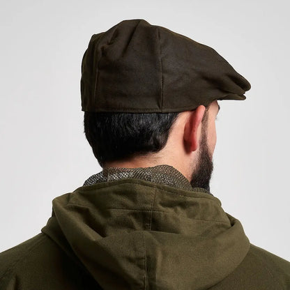 Jack Pyke wax flat cap in dark olive with wrinkled fabric finish
