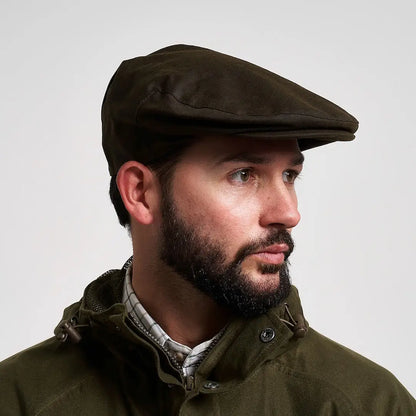 Dark olive Jack Pyke wax flat cap with textured finish