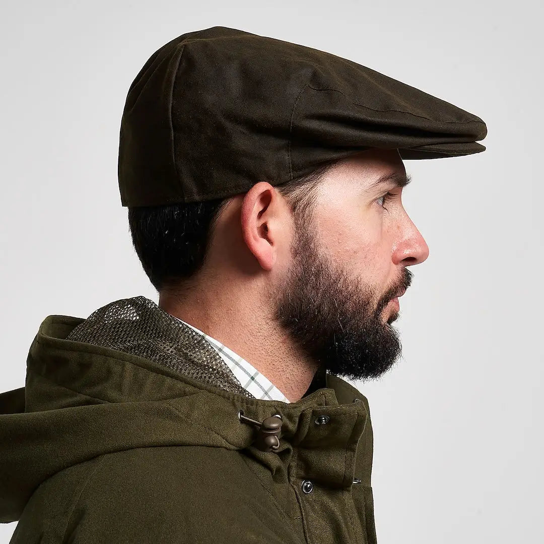Olive green Jack Pyke wax flat cap in waxed cotton