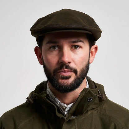 Jack Pyke wax flat cap in olive green waxed cotton