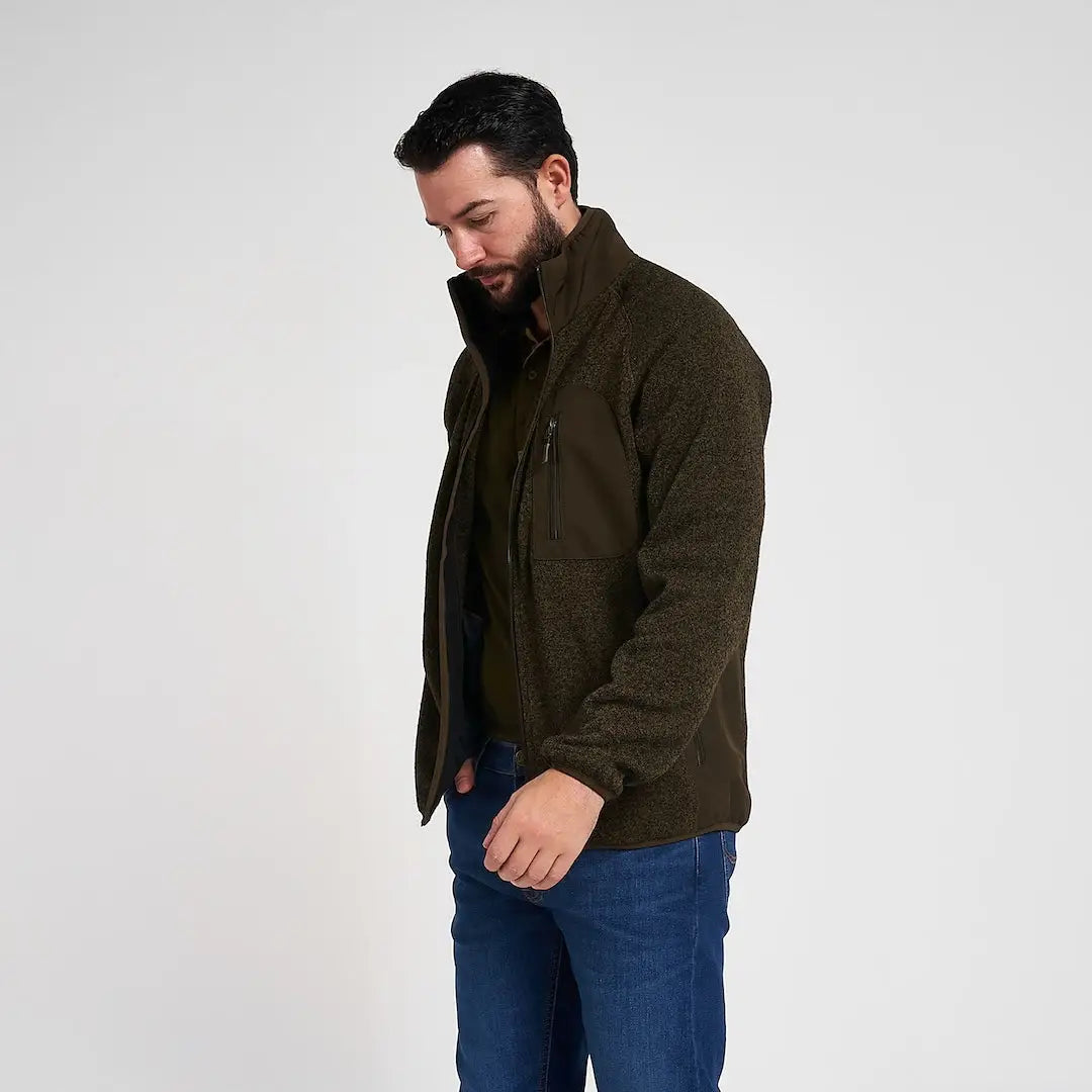 Jack Pyke Weardale knitted jacket in olive green fleece with textured pattern and high collar